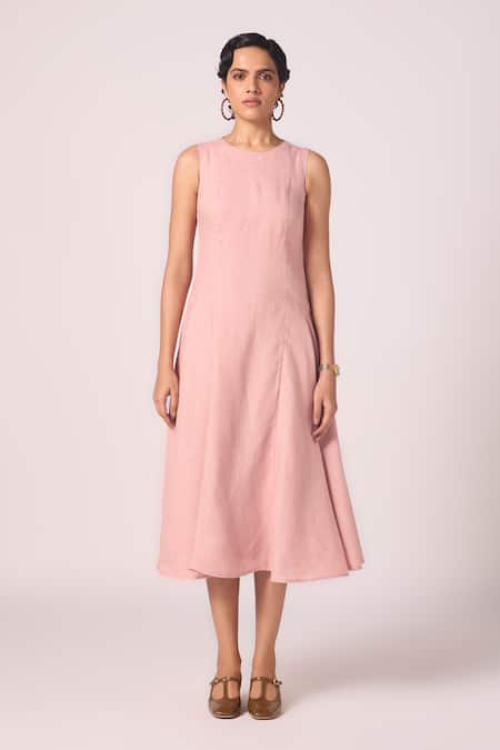 Buy_The Summer House_Pink Linen Round Neck Pyxis Rose Solid Midi Dress _Online_at_Aza_Fashions