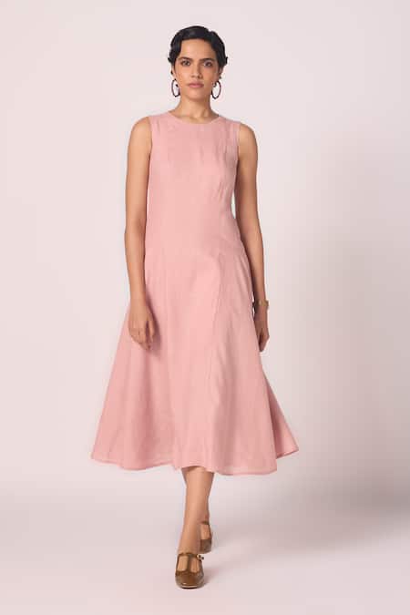 Shop_The Summer House_Pink Linen Round Neck Pyxis Rose Solid Midi Dress _Online_at_Aza_Fashions