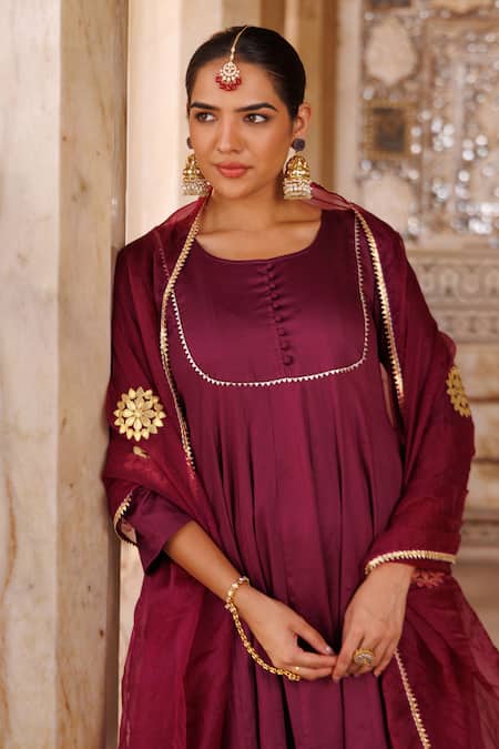 Buy_Bannhi By Priyanka Rathore_Purple Cotton Satin, Organza Gota Patti Round Anarkali Kurta Set With Dupatta _Online_at_Aza_Fashions