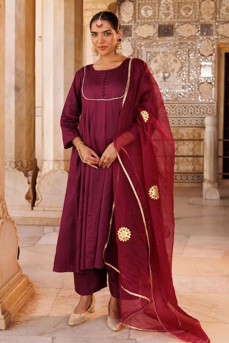 Shop_Bannhi By Priyanka Rathore_Purple Cotton Satin, Organza Gota Patti Round Anarkali Kurta Set With Dupatta _Online_at_Aza_Fashions
