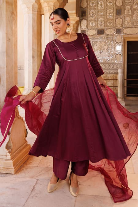 Bannhi By Priyanka Rathore_Purple Cotton Satin, Organza Gota Patti Round Anarkali Kurta Set With Dupatta _at_Aza_Fashions
