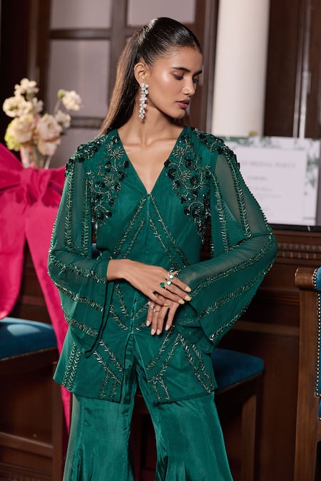 Seema Thukral_Emerald Green Georgette, Satin, Silk Gazal Embellished Jacket And Flared Pant Set _Online_at_Aza_Fashions
