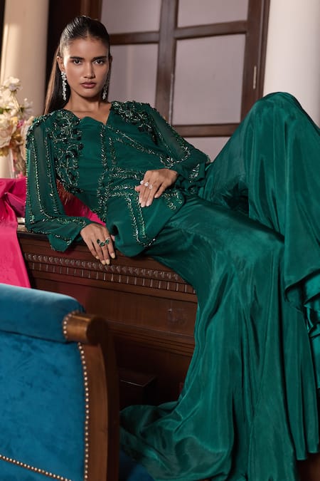 Buy_Seema Thukral_Emerald Green Georgette, Satin, Silk Gazal Embellished Jacket And Flared Pant Set _Online_at_Aza_Fashions