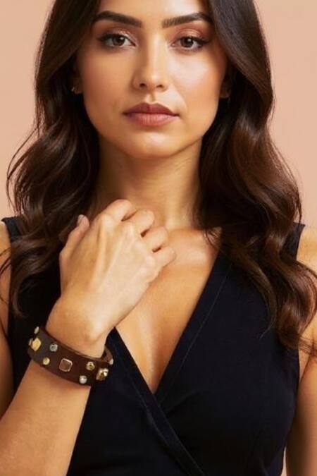 Mnsh_Brown Imitation Gemstones Wooden Bangle _at_Aza_Fashions