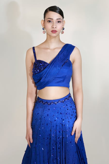 Libas Cafe by Nidhi & Ashish_Blue Crepe Sequins, Embroidery One Shoulder Verve Draped Lehenga And Blouse Set _Online_at_Aza_Fashions