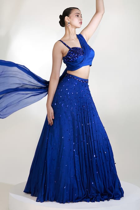 Buy_Libas Cafe by Nidhi & Ashish_Blue Crepe Sequins, Embroidery One Shoulder Verve Draped Lehenga And Blouse Set _Online_at_Aza_Fashions