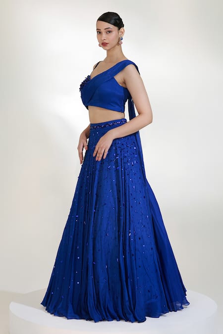Shop_Libas Cafe by Nidhi & Ashish_Blue Crepe Sequins, Embroidery One Shoulder Verve Draped Lehenga And Blouse Set _Online_at_Aza_Fashions