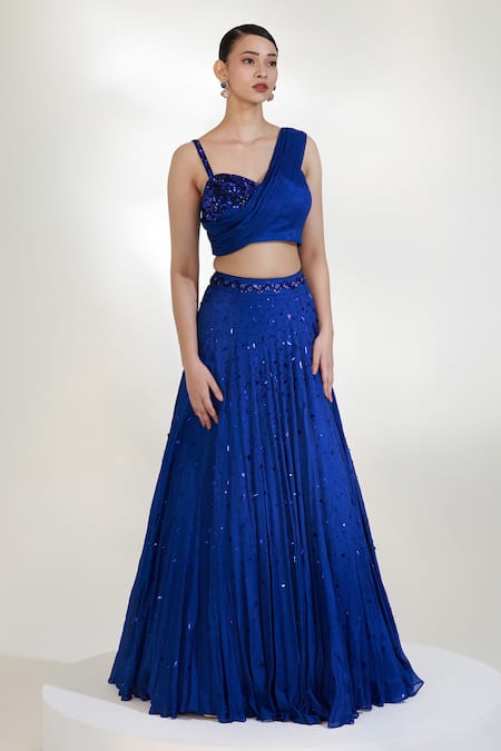 Libas Cafe by Nidhi & Ashish_Blue Crepe Sequins, Embroidery One Shoulder Verve Draped Lehenga And Blouse Set _at_Aza_Fashions