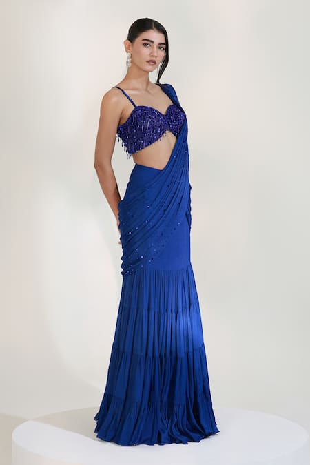Libas Cafe by Nidhi & Ashish Blue Crepe Sequins, Beads, Tassels Bolt Pre-draped Lehenga Saree With Blouse Online at Aza Fashions Libas Cafe by Nidhi & Ashish_Blue Crepe Sequins, Beads, Tassels Bolt Pre-draped Lehenga Saree With Blouse _Online_at_Aza_Fashions