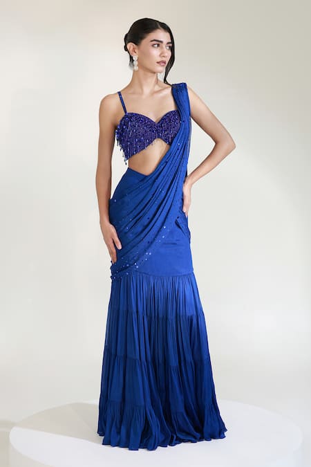 Buy Libas Cafe by Nidhi & Ashish Blue Crepe Sequins, Beads, Tassels Bolt Pre-draped Lehenga Saree With Blouse Online at Aza Fashions Buy_Libas Cafe by Nidhi & Ashish_Blue Crepe Sequins, Beads, Tassels Bolt Pre-draped Lehenga Saree With Blouse _Online_at_Aza_Fashions
