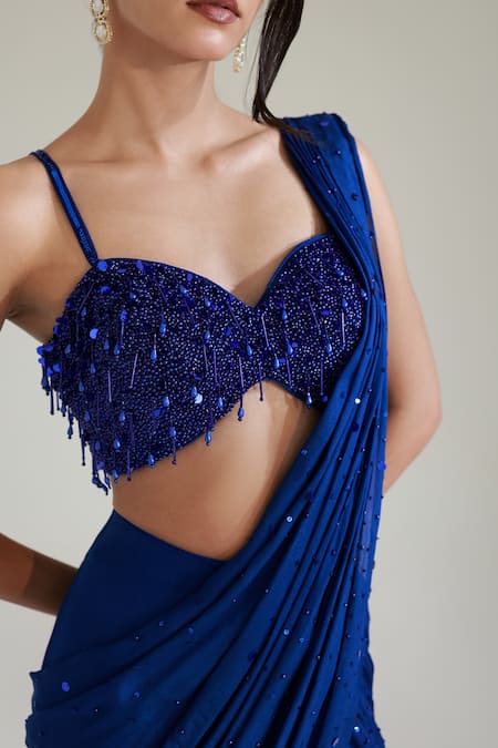 Shop Libas Cafe by Nidhi & Ashish Blue Crepe Sequins, Beads, Tassels Bolt Pre-draped Lehenga Saree With Blouse Online at Aza Fashions Shop_Libas Cafe by Nidhi & Ashish_Blue Crepe Sequins, Beads, Tassels Bolt Pre-draped Lehenga Saree With Blouse _Online_at_Aza_Fashions