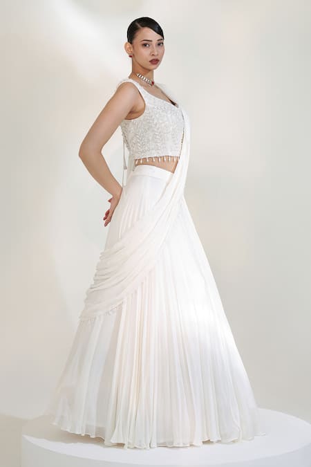 Buy_Libas Cafe by Nidhi & Ashish_White Crepe Pearls, Embroidery V-, Scoop Mist Lehenga Saree Set _Online_at_Aza_Fashions