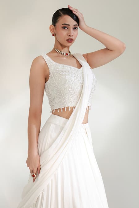 Shop_Libas Cafe by Nidhi & Ashish_White Crepe Pearls, Embroidery V-, Scoop Mist Lehenga Saree Set _Online_at_Aza_Fashions