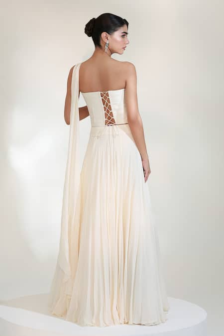 Libas Cafe by Nidhi & Ashish Oyester Embroidered Drape Lehenga Set 