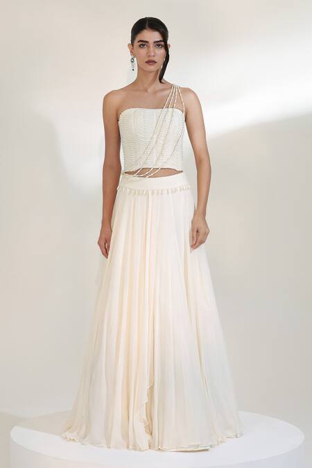 Libas Cafe by Nidhi & Ashish_Ivory Crepe Pearls One Shoulder Oyester Embroidered Drape Lehenga Set _Online_at_Aza_Fashions