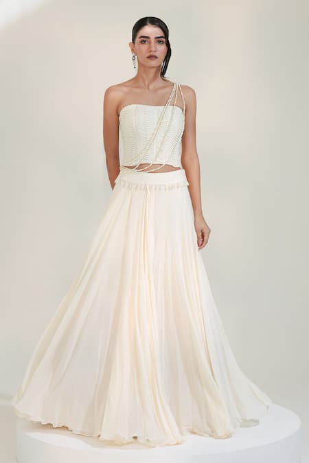 Buy_Libas Cafe by Nidhi & Ashish_Ivory Crepe Pearls One Shoulder Oyester Embroidered Drape Lehenga Set _Online_at_Aza_Fashions