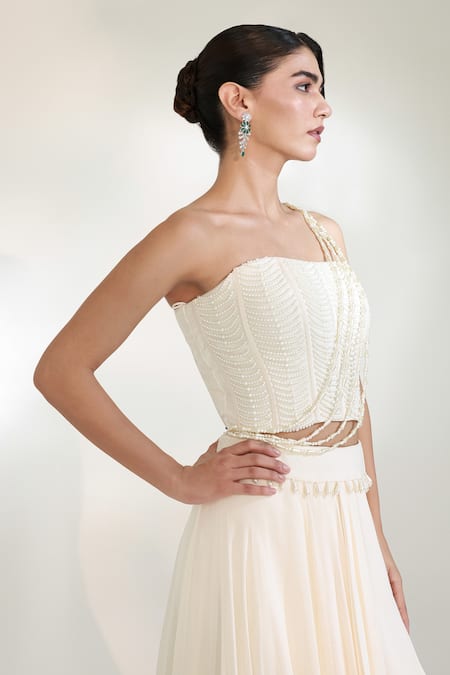 Shop_Libas Cafe by Nidhi & Ashish_Ivory Crepe Pearls One Shoulder Oyester Embroidered Drape Lehenga Set _Online_at_Aza_Fashions
