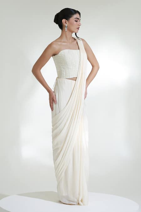 Libas Cafe by Nidhi & Ashish_Ivory Crepe Pearls Sweetheart Shell Embroidered Pre-draped Saree With Corset _Online_at_Aza_Fashions