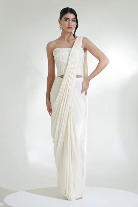 Libas Cafe by Nidhi & Ashish Shell Embroidered Pre-Draped Saree With Corset 