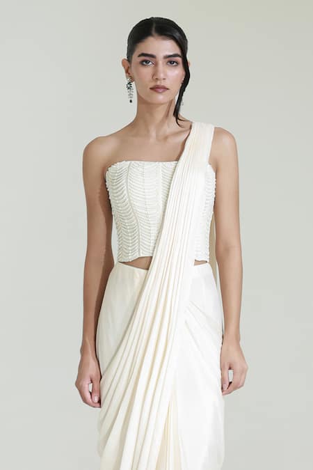 Buy_Libas Cafe by Nidhi & Ashish_Ivory Crepe Pearls Sweetheart Shell Embroidered Pre-draped Saree With Corset _Online_at_Aza_Fashions