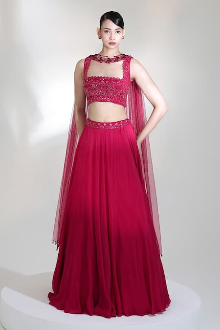 Libas Cafe by Nidhi & Ashish_Red Crepe, Net Embroidery, Sequins, Beads, Bloodline Placement Lehenga Set _Online_at_Aza_Fashions