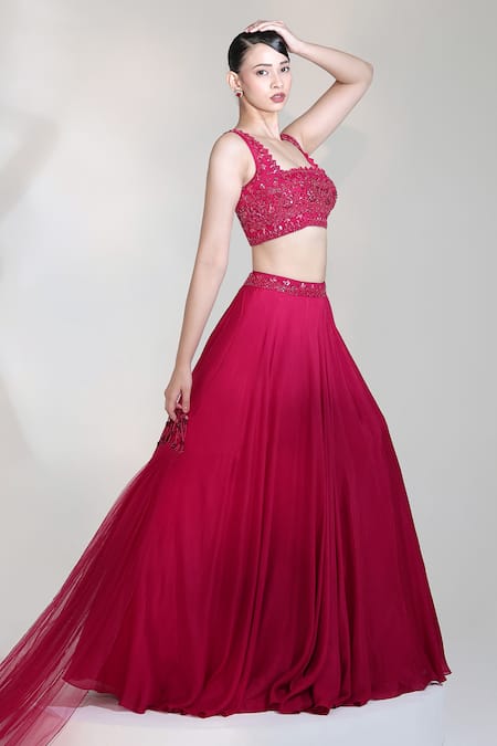Shop_Libas Cafe by Nidhi & Ashish_Red Crepe, Net Embroidery, Sequins, Beads, Bloodline Placement Lehenga Set _Online_at_Aza_Fashions