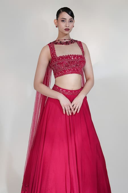 Libas Cafe by Nidhi & Ashish_Red Crepe, Net Embroidery, Sequins, Beads, Bloodline Placement Lehenga Set _at_Aza_Fashions