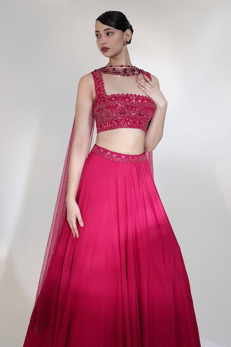 Buy_Libas Cafe by Nidhi & Ashish_Red Crepe, Net Embroidery, Sequins, Beads, Bloodline Placement Lehenga Set 