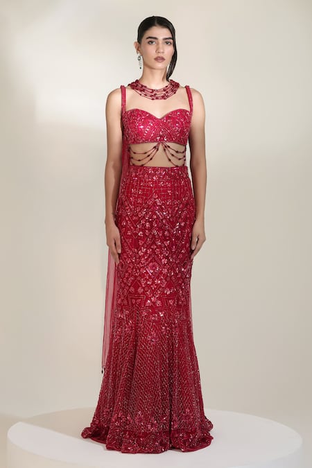 Libas Cafe by Nidhi & Ashish Red Net Stones, Embroidery, Beads, Pearls Majesty Mermaid Lehenga Set Online at Aza Fashions Libas Cafe by Nidhi & Ashish_Red Net Stones, Embroidery, Beads, Pearls Majesty Mermaid Lehenga Set _Online_at_Aza_Fashions