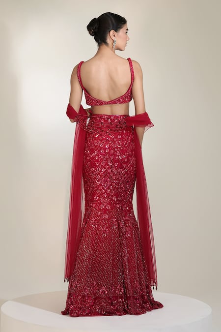 Shop Libas Cafe by Nidhi & Ashish Red Net Stones, Embroidery, Beads, Pearls Majesty Mermaid Lehenga Set at Aza Fashions Shop_Libas Cafe by Nidhi & Ashish_Red Net Stones, Embroidery, Beads, Pearls Majesty Mermaid Lehenga Set _at_Aza_Fashions