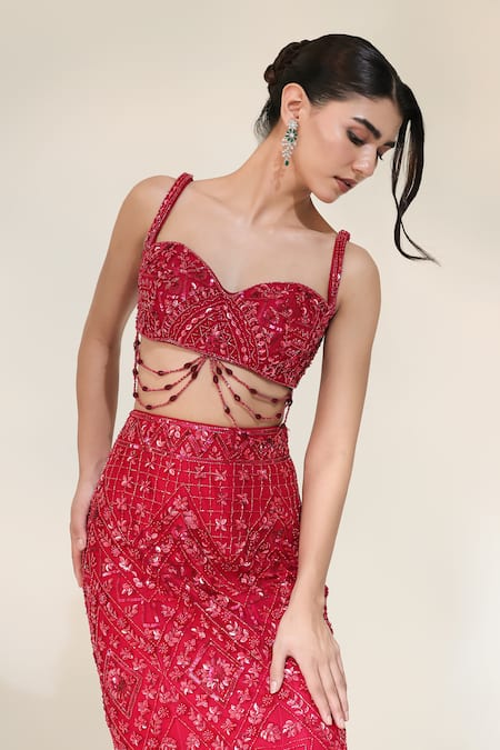 Shop Libas Cafe by Nidhi & Ashish Red Net Stones, Embroidery, Beads, Pearls Majesty Mermaid Lehenga Set Online at Aza Fashions Shop_Libas Cafe by Nidhi & Ashish_Red Net Stones, Embroidery, Beads, Pearls Majesty Mermaid Lehenga Set _Online_at_Aza_Fashions