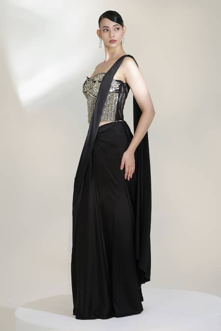 Libas Cafe by Nidhi & Ashish_Black Satin Sequins, Eclipse Embroidered Corset With Pre-draped Skirt Saree _Online_at_Aza_Fashions