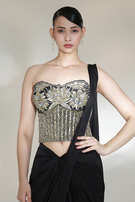 Buy_Libas Cafe by Nidhi & Ashish_Black Satin Sequins, Eclipse Embroidered Corset With Pre-draped Skirt Saree _Online_at_Aza_Fashions