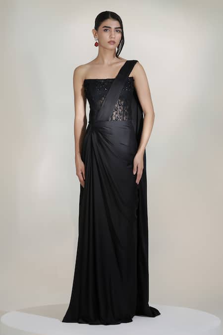 Libas Cafe by Nidhi & Ashish_Black Satin, Chantelle, Net Queen Pre-draped Skirt Saree With Embroidered Corset _Online_at_Aza_Fashions