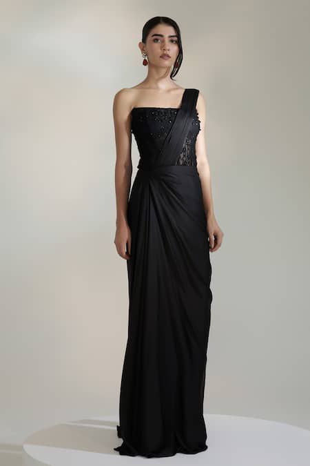 Buy_Libas Cafe by Nidhi & Ashish_Black Satin, Chantelle, Net Queen Pre-draped Skirt Saree With Embroidered Corset _Online_at_Aza_Fashions