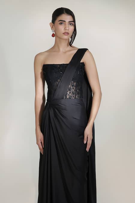 Shop_Libas Cafe by Nidhi & Ashish_Black Satin, Chantelle, Net Queen Pre-draped Skirt Saree With Embroidered Corset _Online_at_Aza_Fashions