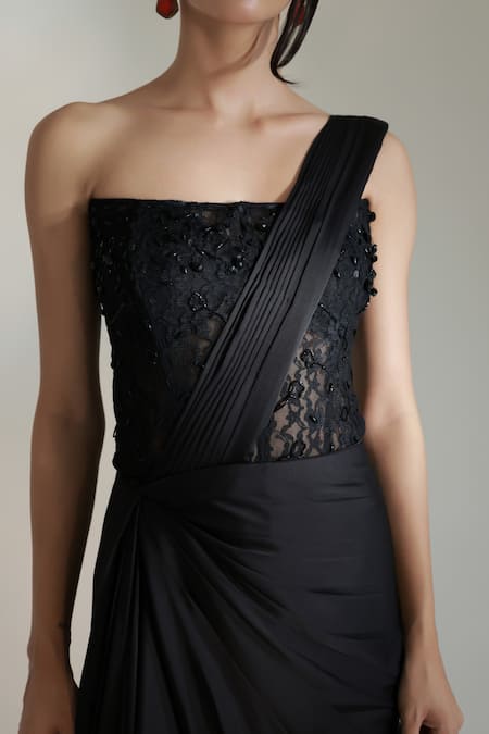 Libas Cafe by Nidhi & Ashish_Black Satin, Chantelle, Net Queen Pre-draped Skirt Saree With Embroidered Corset _at_Aza_Fashions