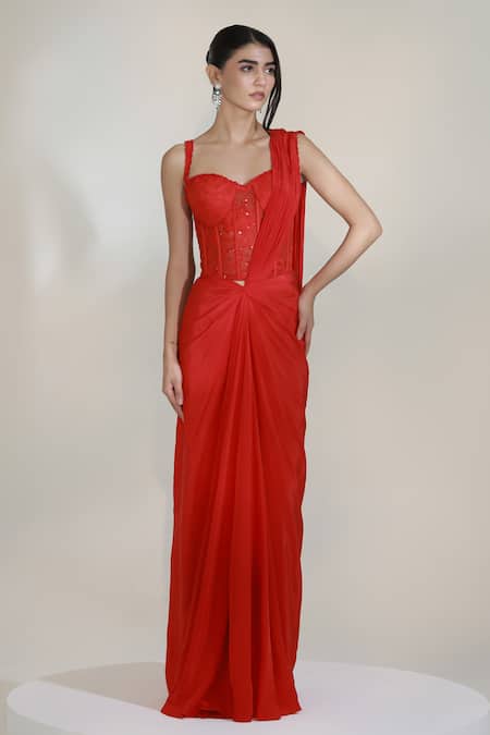 Libas Cafe by Nidhi & Ashish Crimson Pre-Draped Skirt Saree With Embroidered Blouse 