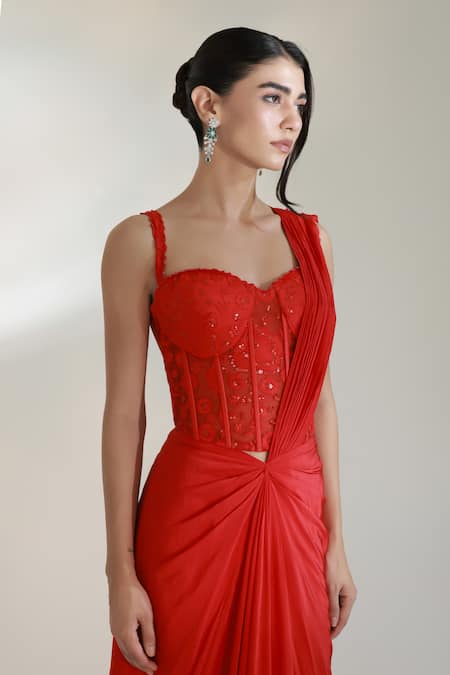 Libas Cafe by Nidhi & Ashish_Red Satin, Net Sequins, Embroidery Crimson Pre-draped Skirt Saree With Blouse _Online_at_Aza_Fashions