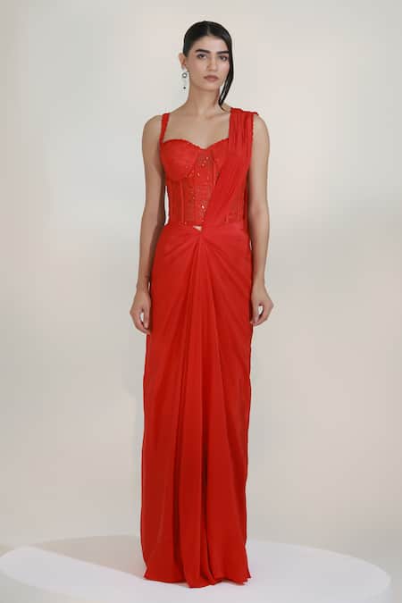 Buy_Libas Cafe by Nidhi & Ashish_Red Satin, Net Sequins, Embroidery Crimson Pre-draped Skirt Saree With Blouse _Online_at_Aza_Fashions