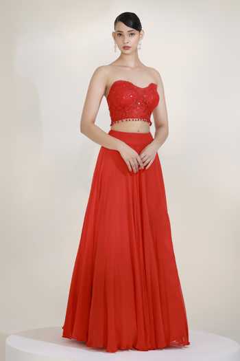 Libas Cafe by Nidhi & Ashish_Red Net, Satin Sequins, Beads Sweetheart Crimson Embroidered Bustier Lehenga Set _Online_at_Aza_Fashions