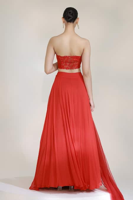 Libas Cafe by Nidhi & Ashish Crimson Embroidered Bustier Lehenga Set 