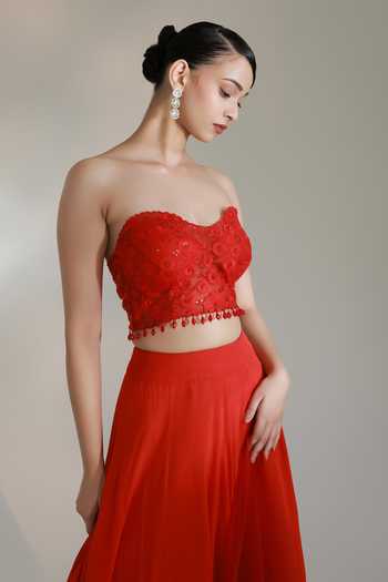 Shop_Libas Cafe by Nidhi & Ashish_Red Net, Satin Sequins, Beads Sweetheart Crimson Embroidered Bustier Lehenga Set _Online_at_Aza_Fashions