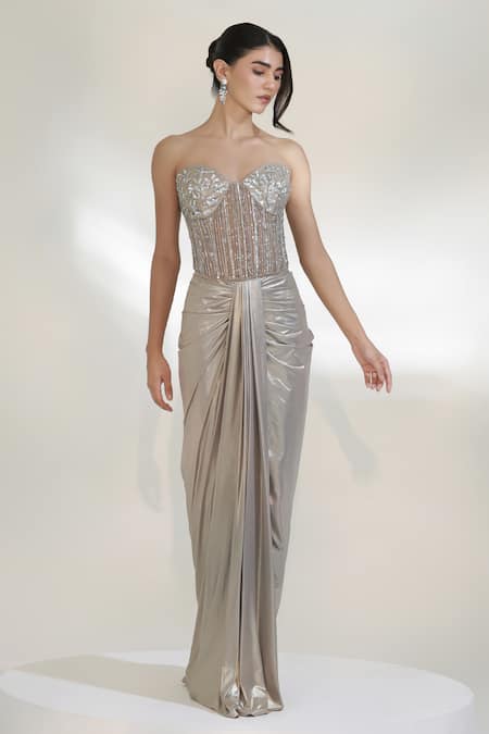 Libas Cafe by Nidhi & Ashish_Silver Lycra, Net Beads, Sequins Sweetheart Platinum Corset With Dhoti Skirt _Online_at_Aza_Fashions