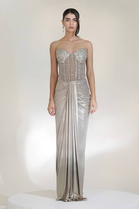 Buy_Libas Cafe by Nidhi & Ashish_Silver Lycra, Net Beads, Sequins Sweetheart Platinum Corset With Dhoti Skirt _Online_at_Aza_Fashions