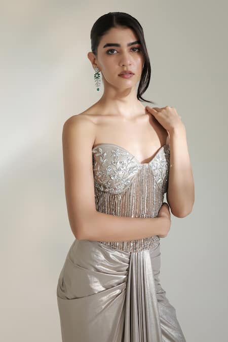 Shop_Libas Cafe by Nidhi & Ashish_Silver Lycra, Net Beads, Sequins Sweetheart Platinum Corset With Dhoti Skirt _Online_at_Aza_Fashions
