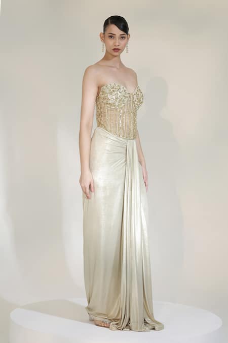 Libas Cafe by Nidhi & Ashish Gold Lycra, Net Sequins, Beads Champagne Embroidered Corset With Dhoti Skirt Online at Aza Fashions Libas Cafe by Nidhi & Ashish_Gold Lycra, Net Sequins, Beads Champagne Embroidered Corset With Dhoti Skirt _Online_at_Aza_Fashions