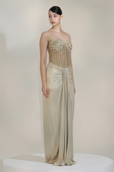 Shop Libas Cafe by Nidhi & Ashish Gold Lycra, Net Sequins, Beads Champagne Embroidered Corset With Dhoti Skirt Online at Aza Fashions Shop_Libas Cafe by Nidhi & Ashish_Gold Lycra, Net Sequins, Beads Champagne Embroidered Corset With Dhoti Skirt _Online_at_Aza_Fashions