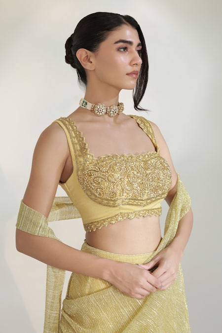 Libas Cafe by Nidhi & Ashish_Gold Lycra Glitter, Embroidery, Metallic Noorish Draped Lehenga With Blouse _Online_at_Aza_Fashions