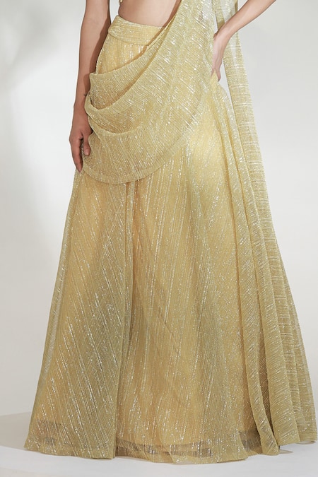 Buy_Libas Cafe by Nidhi & Ashish_Gold Lycra Glitter, Embroidery, Metallic Noorish Draped Lehenga With Blouse _Online_at_Aza_Fashions